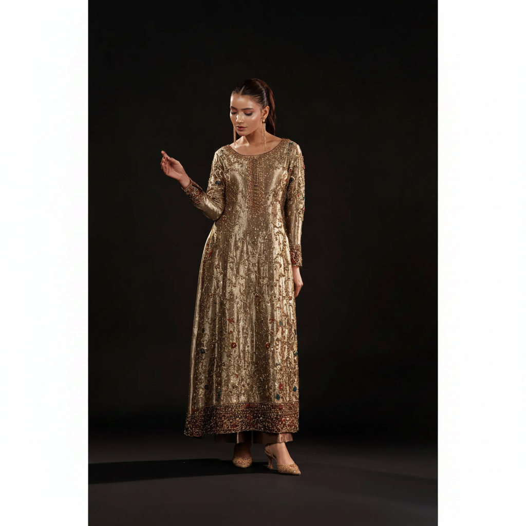 Antique Gold Hand-Embroidered Formal Dress | Gemstone Embellished Luxury Wear – Fatimaa Store