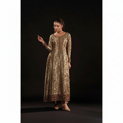 Antique Gold Hand-Embroidered Formal Dress | Gemstone Embellished Luxury Wear – Fatimaa Store