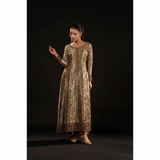 Antique Gold Hand-Embroidered Formal Dress | Gemstone Embellished Luxury Wear – Fatimaa Store