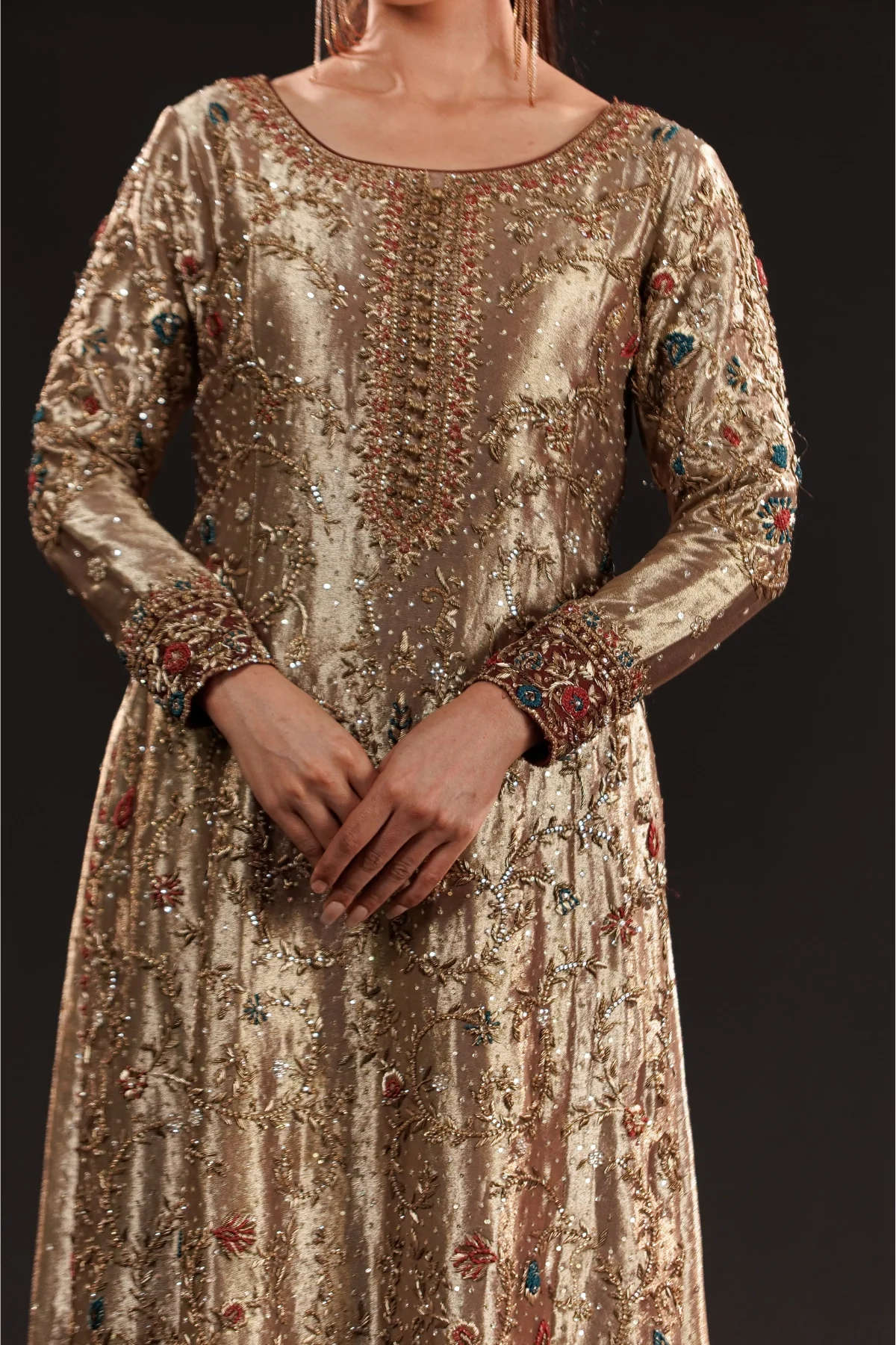 Antique Gold Hand-Embroidered Formal Dress | Gemstone Embellished Luxury Wear – Fatimaa Store