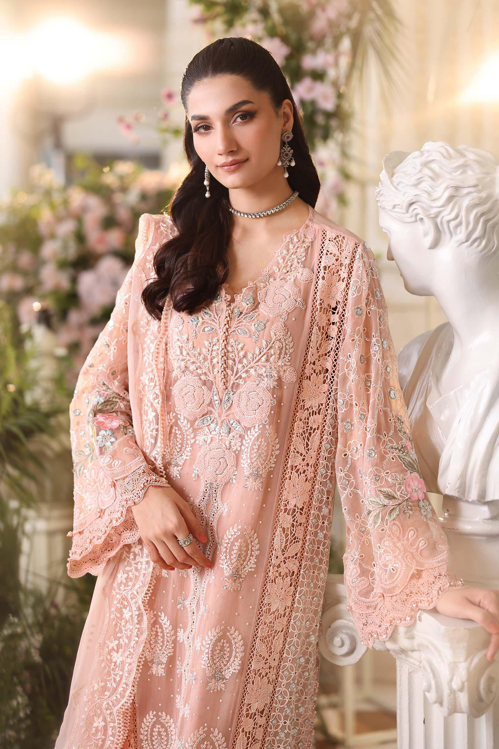 Elegant Pink Embroidered Bumber Chiffon 3-Piece Suit - Luxury Festive Wear