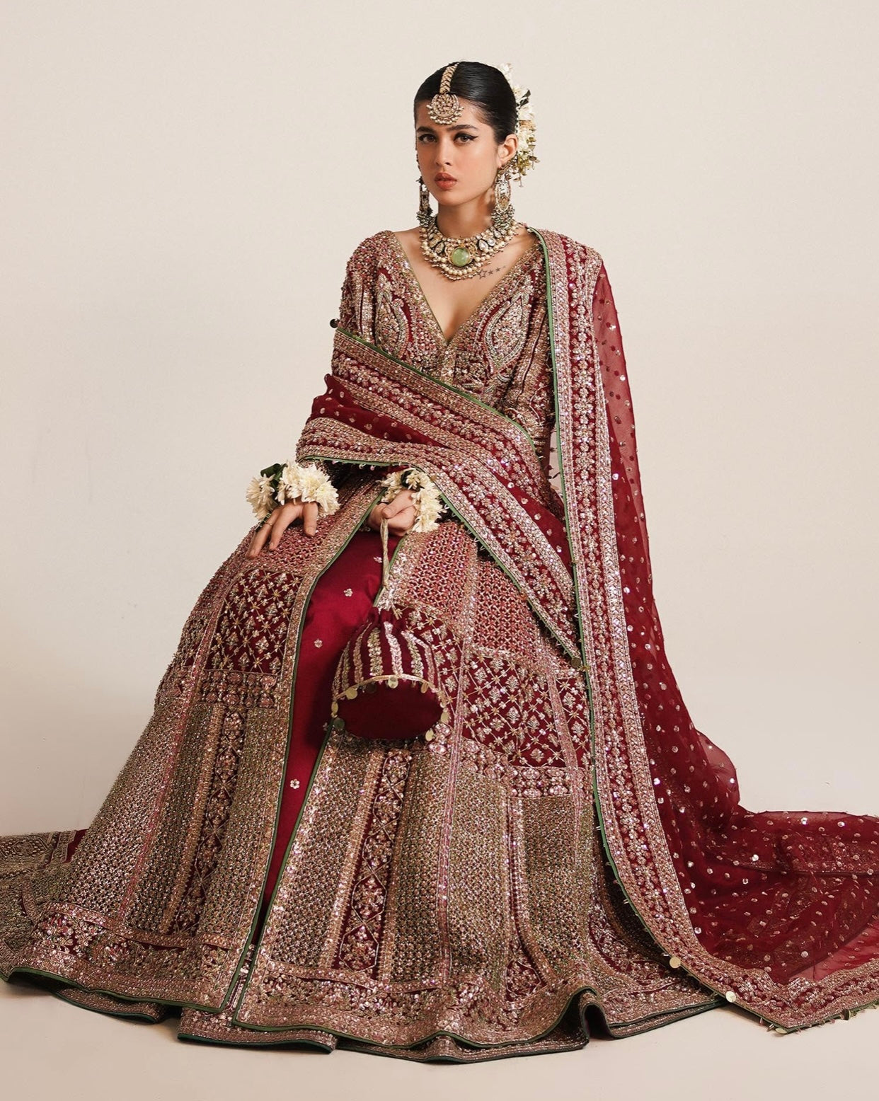 Hussain Rehar Sarang Bridal Peshwas | Luxury Berry Red Embellished Organza Dress | Fatimaastore Exclusive