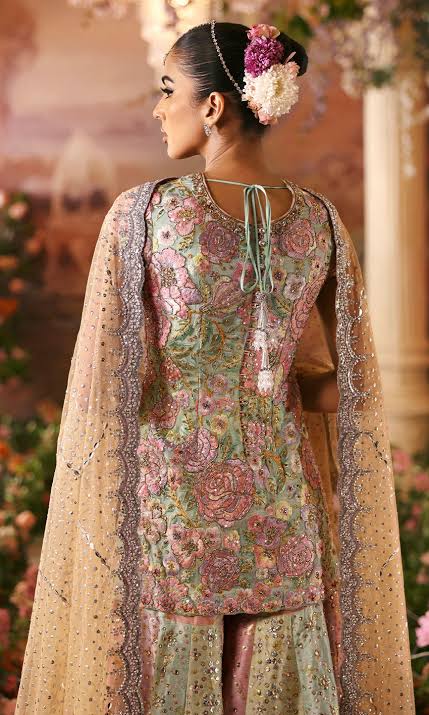 Multicolour Pastel Handwork Chiffon & Raw Silk Dhakka for Weddings & Walima