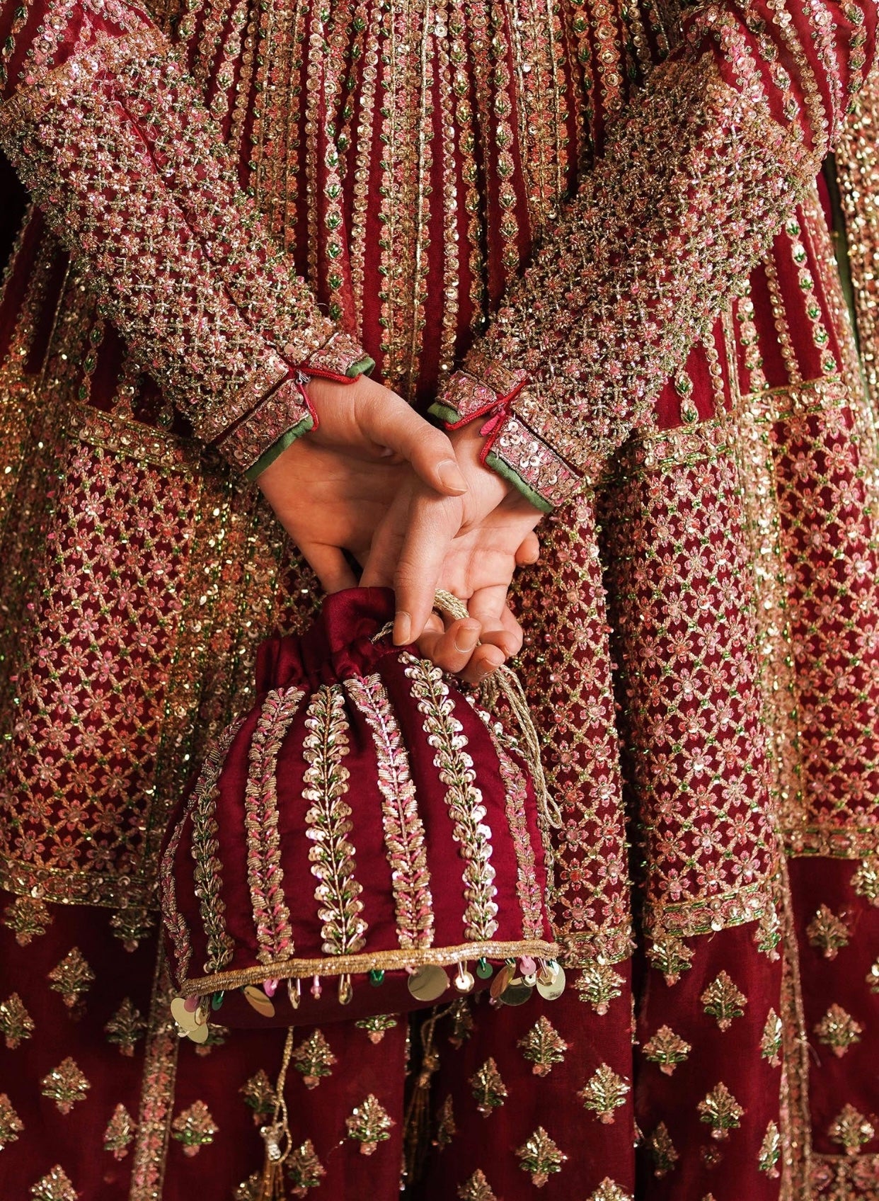 Hussain Rehar Sarang Bridal Peshwas | Luxury Berry Red Embellished Organza Dress | Fatimaastore Exclusive