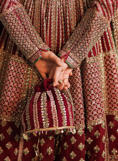 Hussain Rehar Sarang Bridal Peshwas | Luxury Berry Red Embellished Organza Dress | Fatimaastore Exclusive