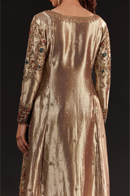 Antique Gold Hand-Embroidered Formal Dress | Gemstone Embellished Luxury Wear – Fatimaa Store