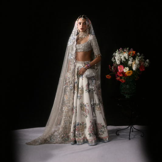 Ivory Embellished Bridal Lehenga Set – Floral Muqaish & 3D Cutdana Work