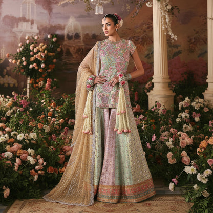 Multicolour Pastel Handwork Chiffon & Raw Silk Dhakka for Weddings & Walima