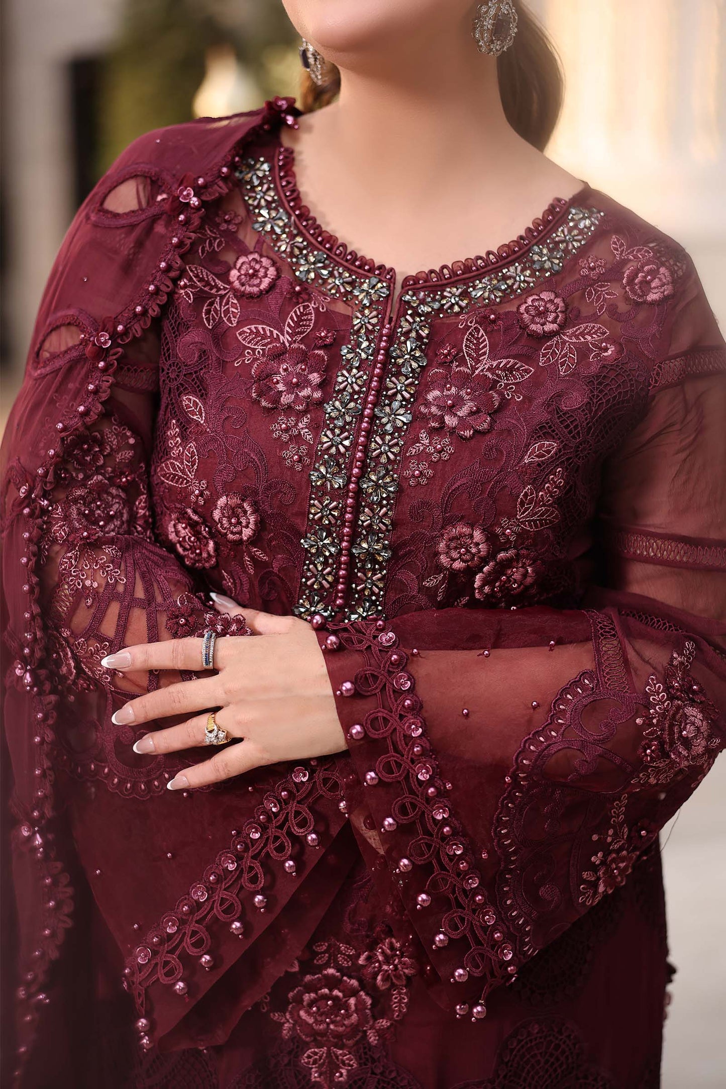 Maria B Burgundy Embroidered Chiffon Suit - image 3