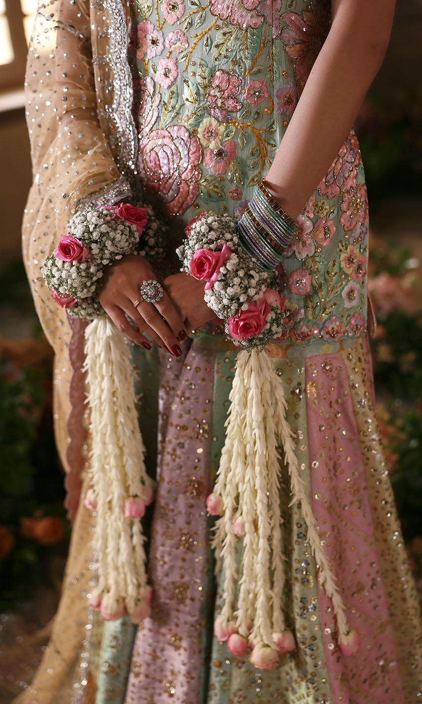 Multicolour Pastel Handwork Chiffon & Raw Silk Dhakka for Weddings & Walima