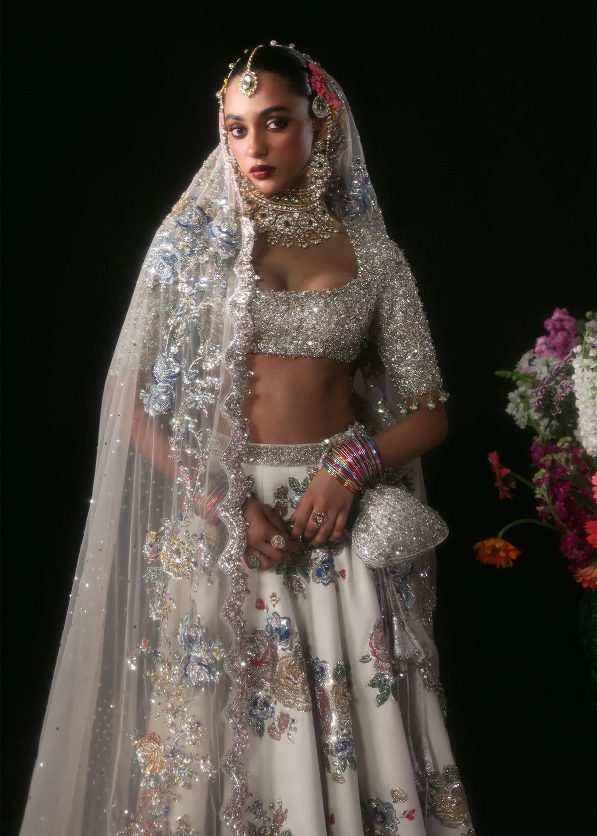 Ivory Embellished Bridal Lehenga Set – Floral Muqaish & 3D Cutdana Work