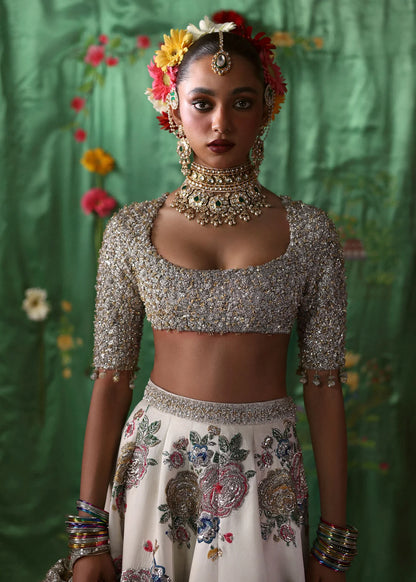 Ivory Embellished Bridal Lehenga Set – Floral Muqaish & 3D Cutdana Work