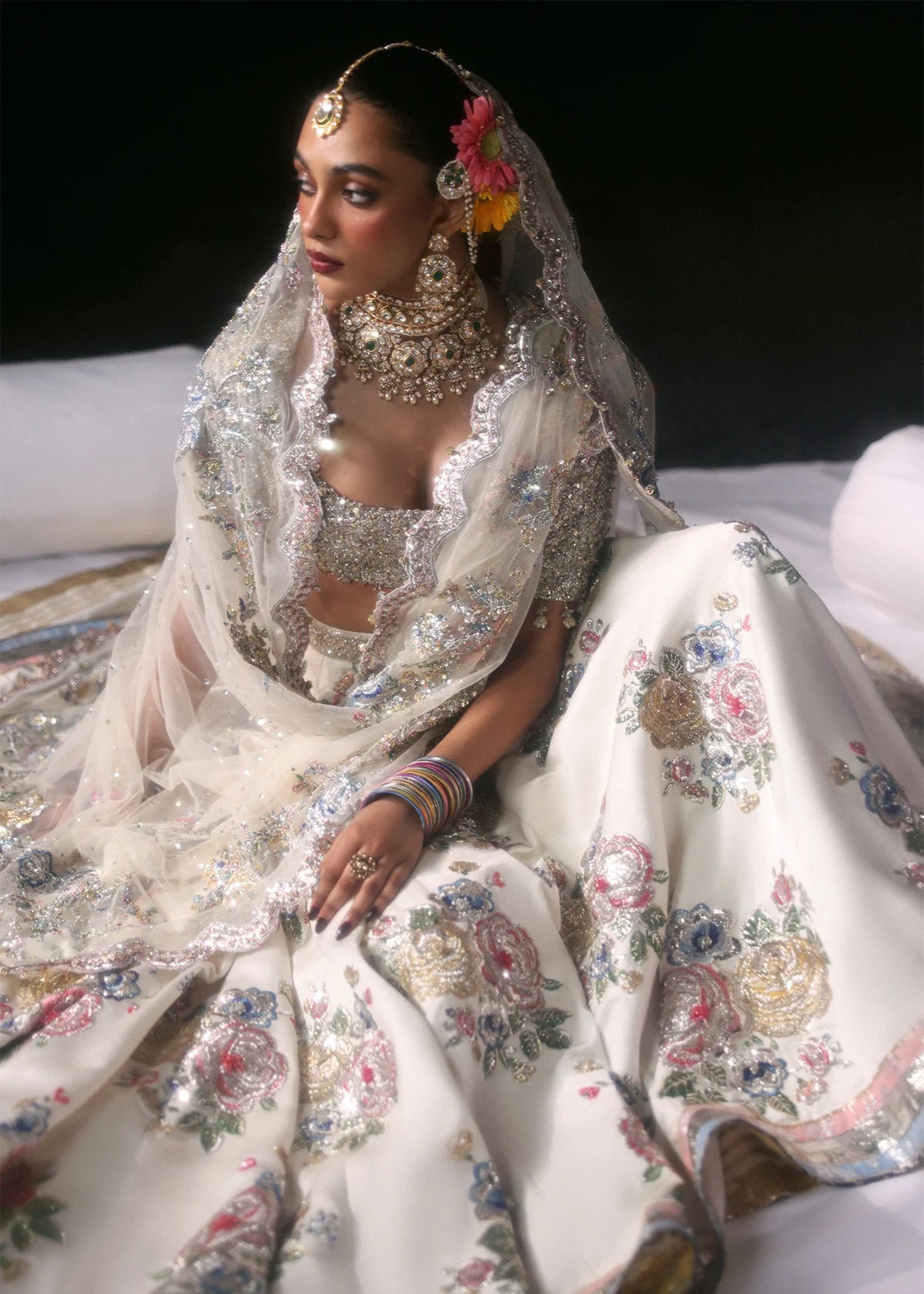 Ivory Embellished Bridal Lehenga Set – Floral Muqaish & 3D Cutdana Work