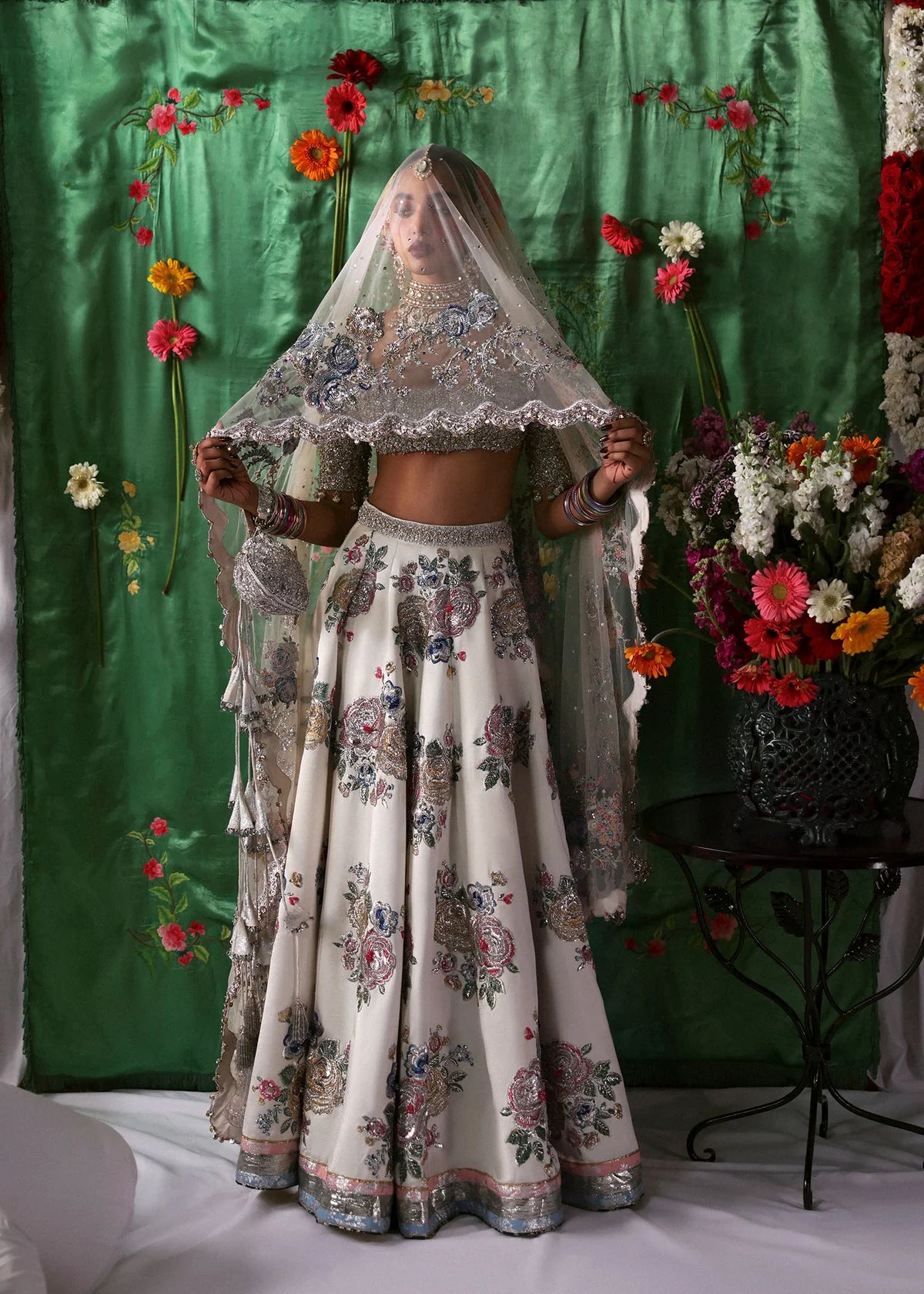Ivory Embellished Bridal Lehenga Set – Floral Muqaish & 3D Cutdana Work