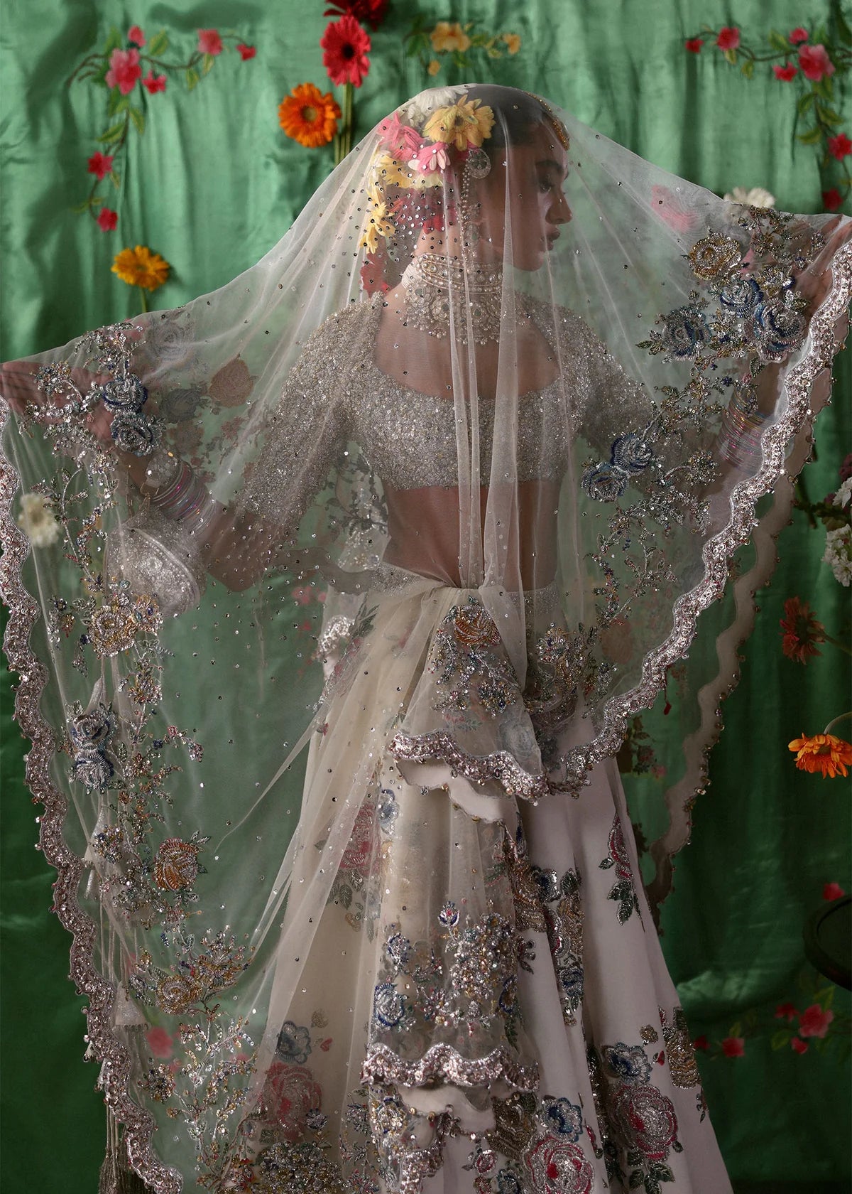 Ivory Embellished Bridal Lehenga Set – Floral Muqaish & 3D Cutdana Work