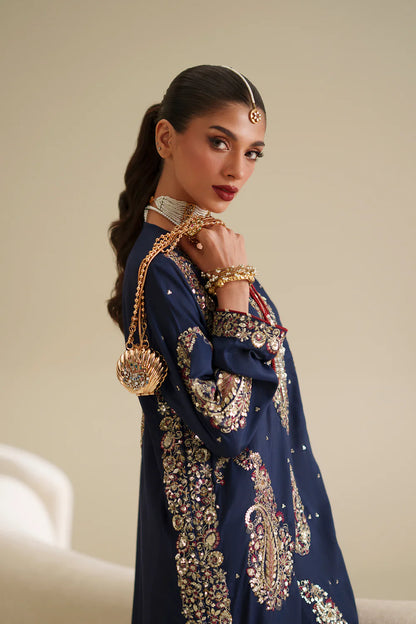 Navy Blue Tussle Silk Embroidered Dress - front view