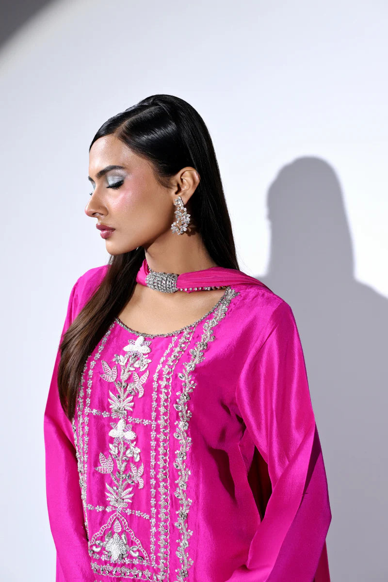 Humamistry Fuchsia Flame - 3 Piece Embroidered Tussle Silk Suit with Pure Silk Dupatta