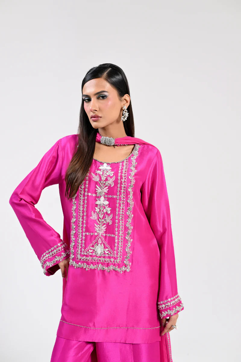 Humamistry Fuchsia Flame - 3 Piece Embroidered Tussle Silk Suit with Pure Silk Dupatta
