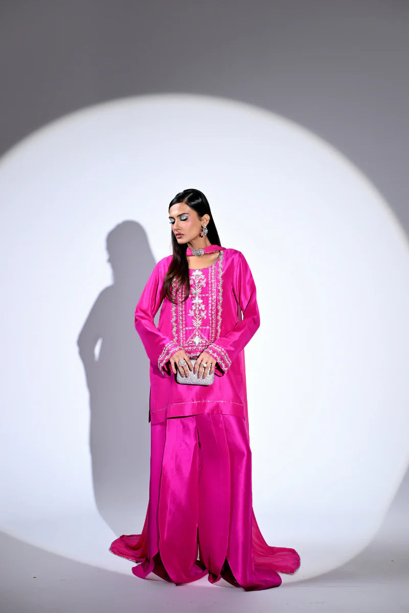 Humamistry Fuchsia Flame - 3 Piece Embroidered Tussle Silk Suit with Pure Silk Dupatta