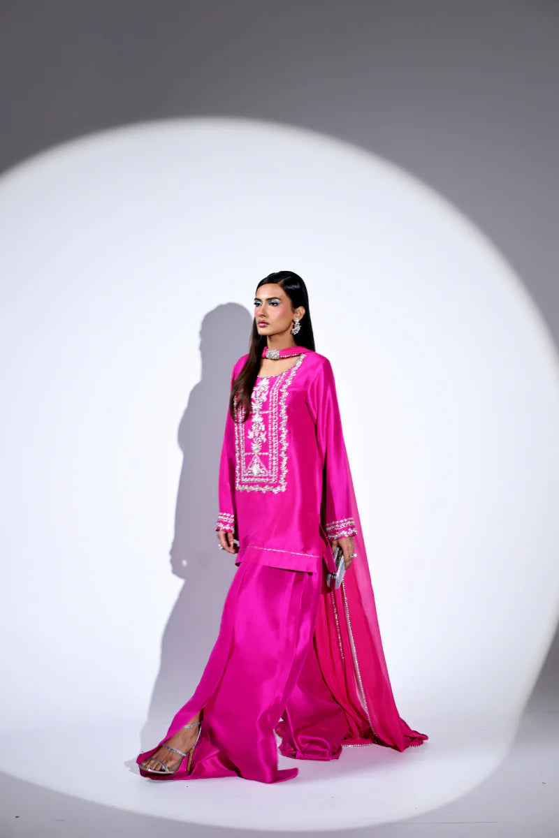 Humamistry Fuchsia Flame - 3 Piece Embroidered Tussle Silk Suit with Pure Silk Dupatta