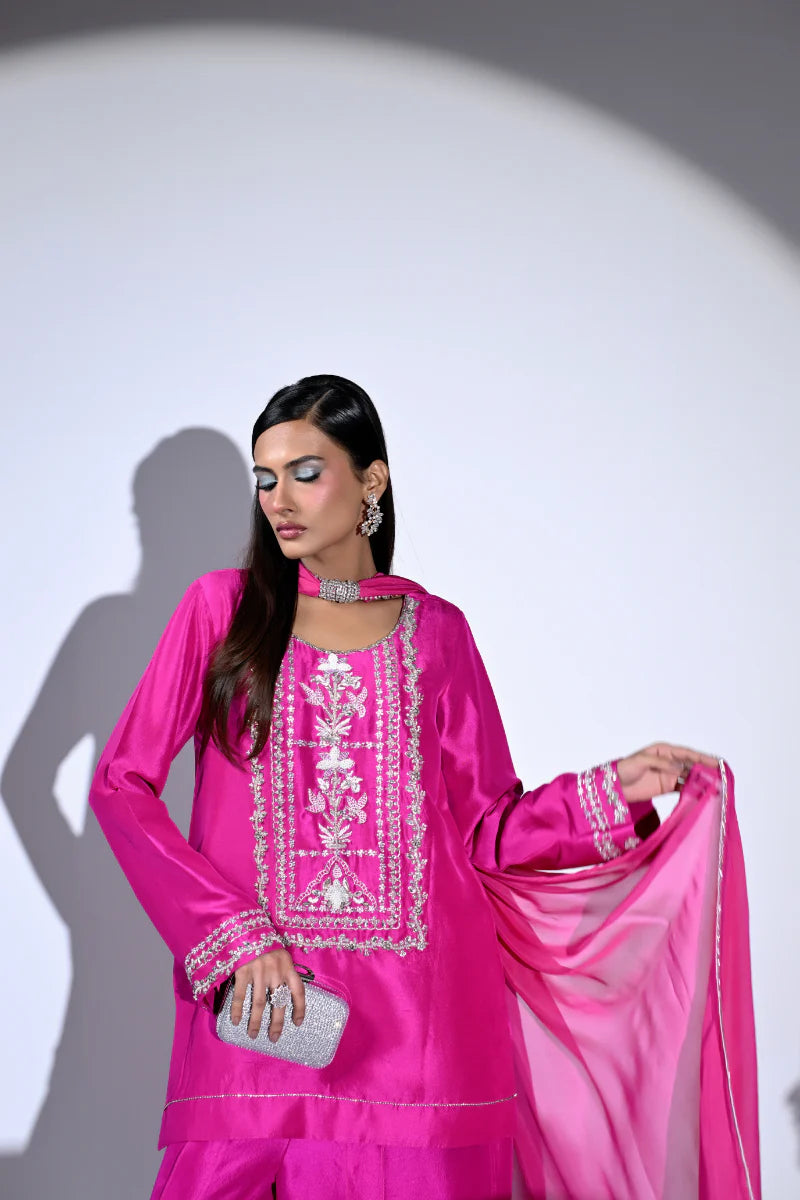 Humamistry Fuchsia Flame - 3 Piece Embroidered Tussle Silk Suit with Pure Silk Dupatta