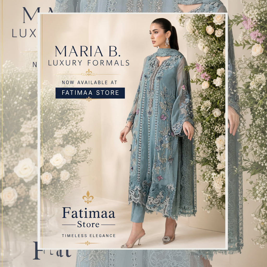 Maria B MCS-26-106 Aqua Chiffon Suit with 3D embroidery, pearl drops, and included tassels and beadwork, available in stitched and unstitched versions.