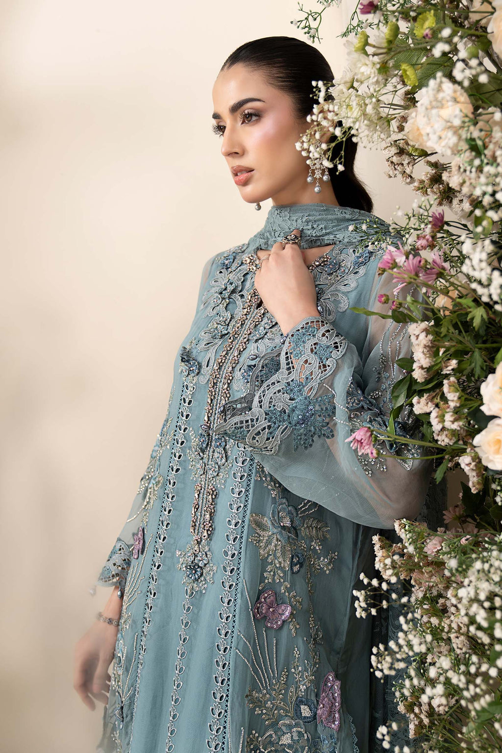 Maria B MCS-26-106 Aqua Chiffon Suit with 3D embroidery, pearl drops, and included tassels and beadwork, available in stitched and unstitched versions.