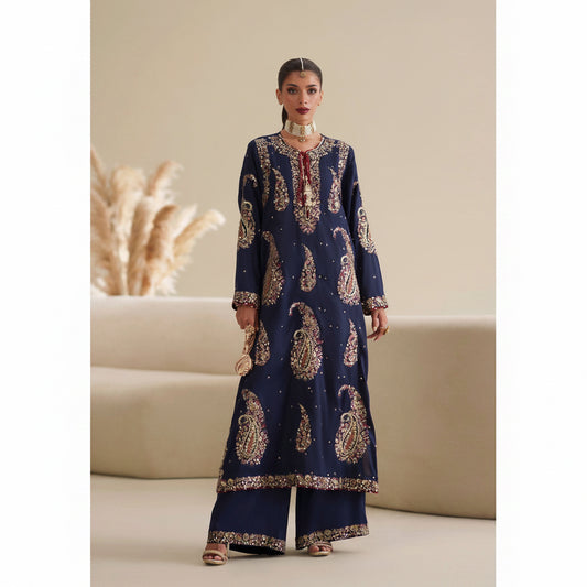 Luxurious Navy Blue Tussle Silk 3-Piece Embroidered Dress at Fatimaa Store