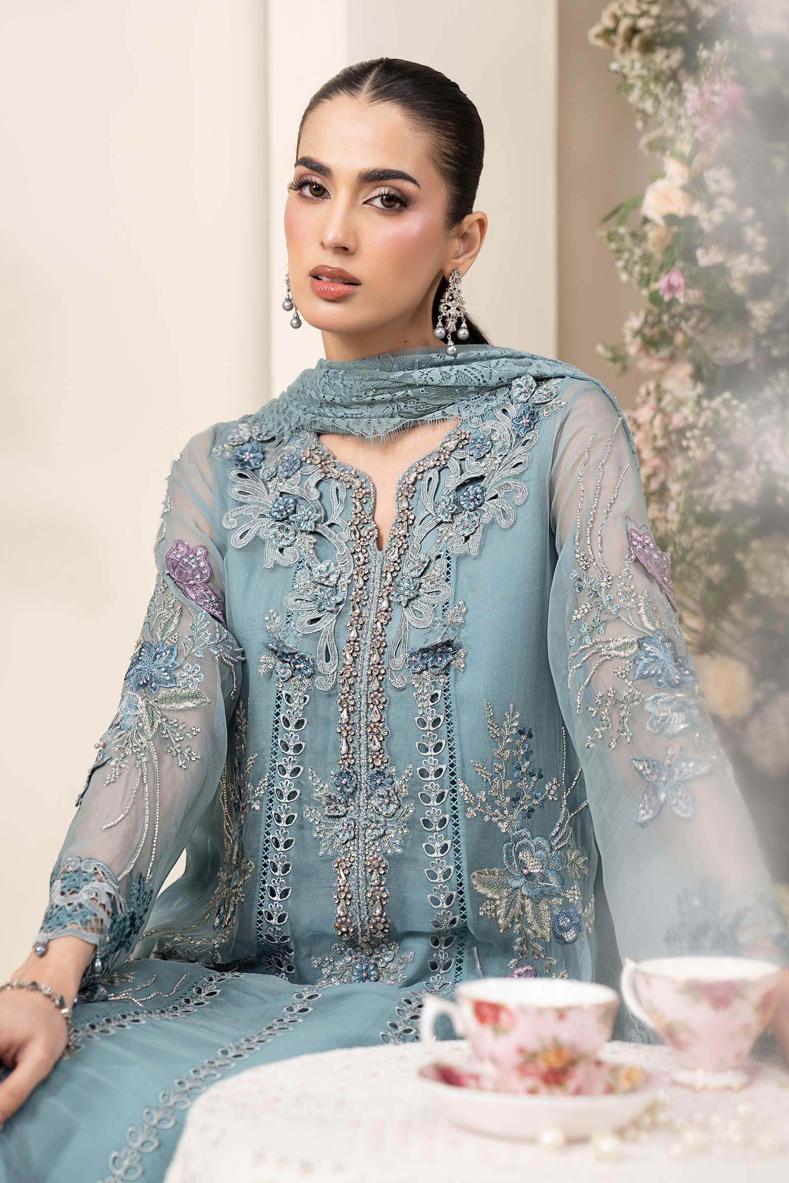 Maria B MCS-26-106 Aqua Chiffon Suit with 3D embroidery, pearl drops, and included tassels and beadwork, available in stitched and unstitched versions.