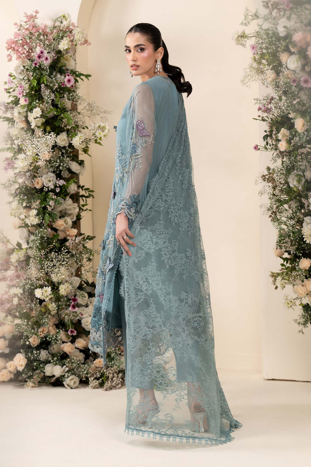 Maria B MCS-26-106 Aqua Chiffon Suit with 3D embroidery, pearl drops, and included tassels and beadwork, available in stitched and unstitched versions.