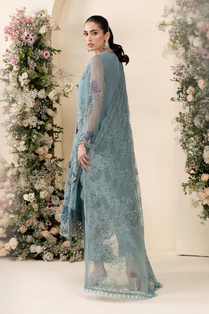 Maria B MCS-26-106 Aqua Chiffon Suit with 3D embroidery, pearl drops, and included tassels and beadwork, available in stitched and unstitched versions.