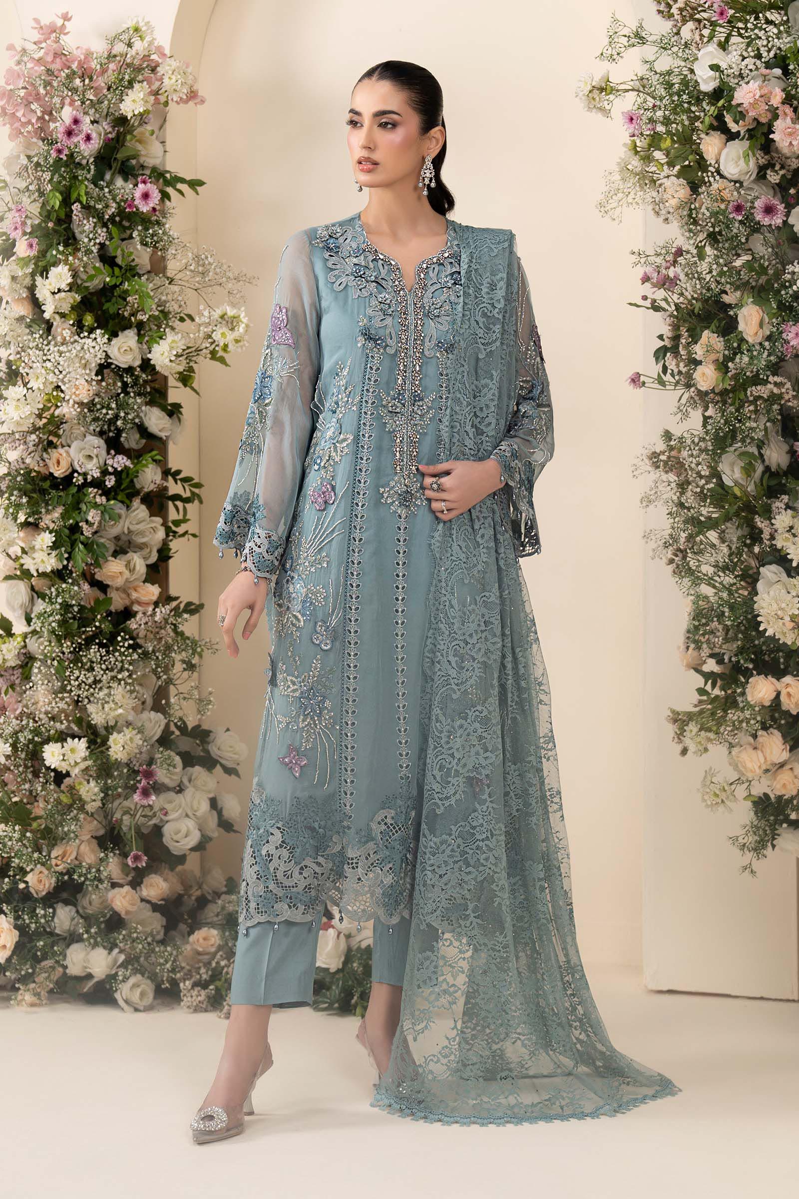 Maria B MCS-26-106 Aqua Chiffon Suit with 3D embroidery, pearl drops, and included tassels and beadwork, available in stitched and unstitched versions.