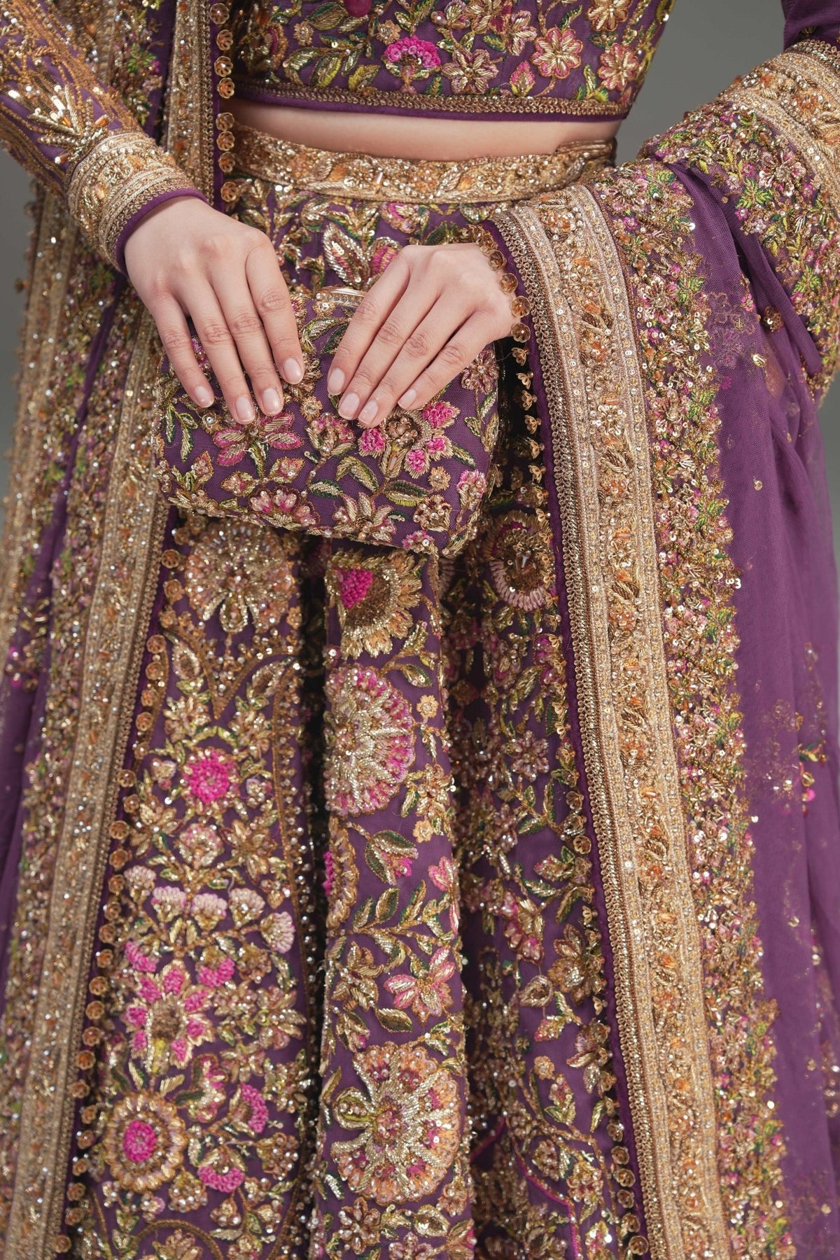 Mirbail wine net lehenga choli by Fahad Hussayn - close up