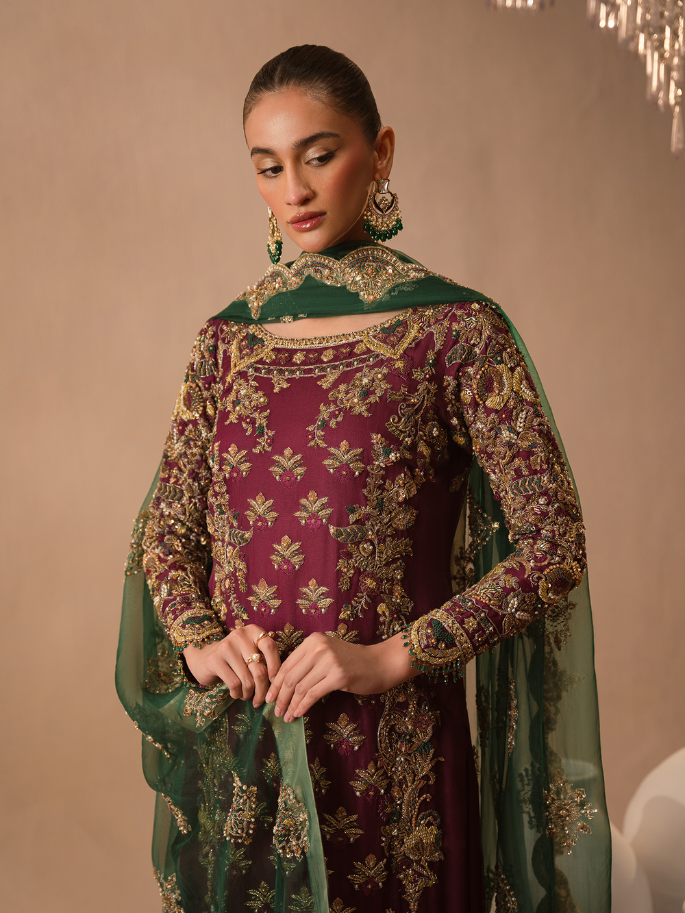 Abeera Usman Burgundy Dusk tussle silk suit - close up