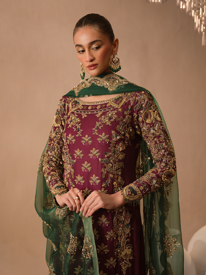 Abeera Usman Burgundy Dusk tussle silk suit - close up
