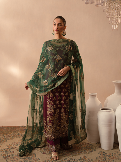 Abeera Usman Burgundy Dusk tussle silk suit - front view