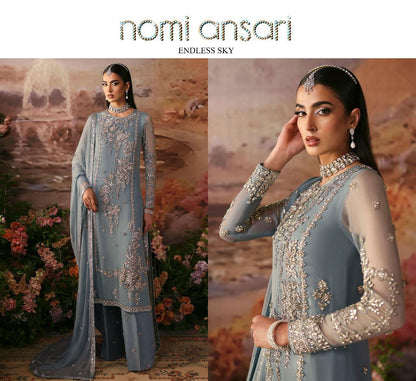 Endless Sky powder blue chiffon suit by Nomi Ansari - detail view