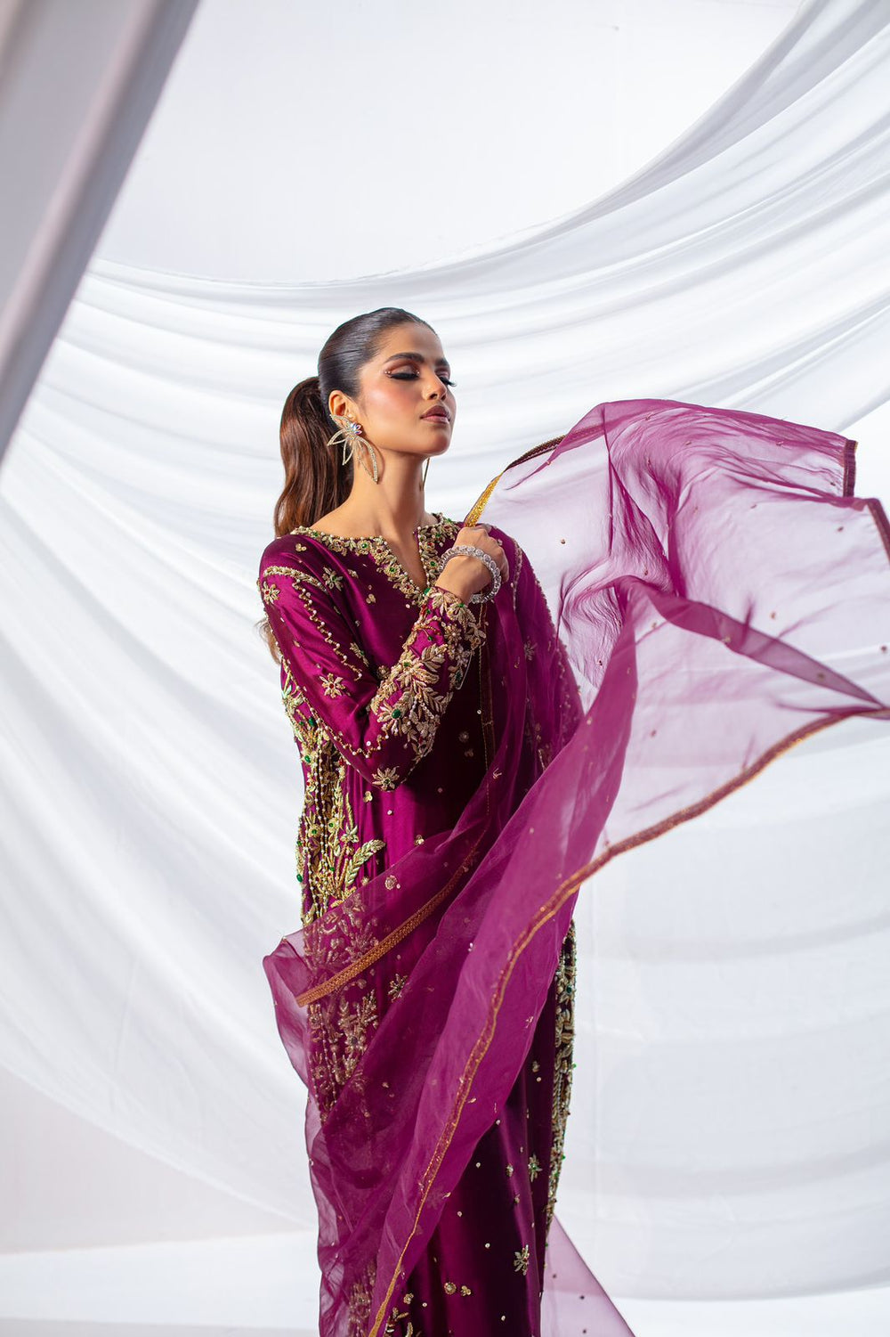 Expressive Magenta zardozi bridal suit - front view