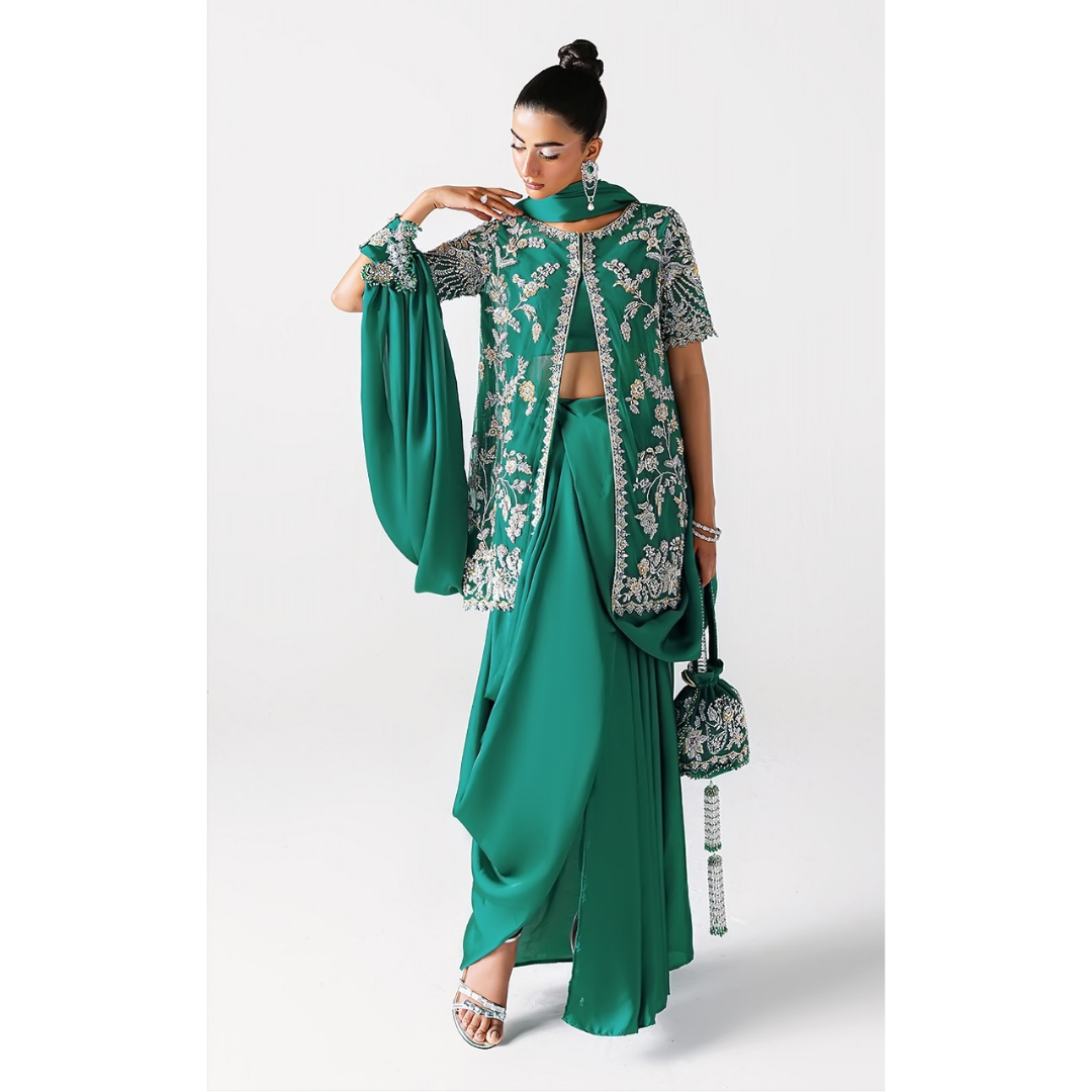 Zamrud Ayin green net gown by Sara Rohale Asghar at Fatimaa Store