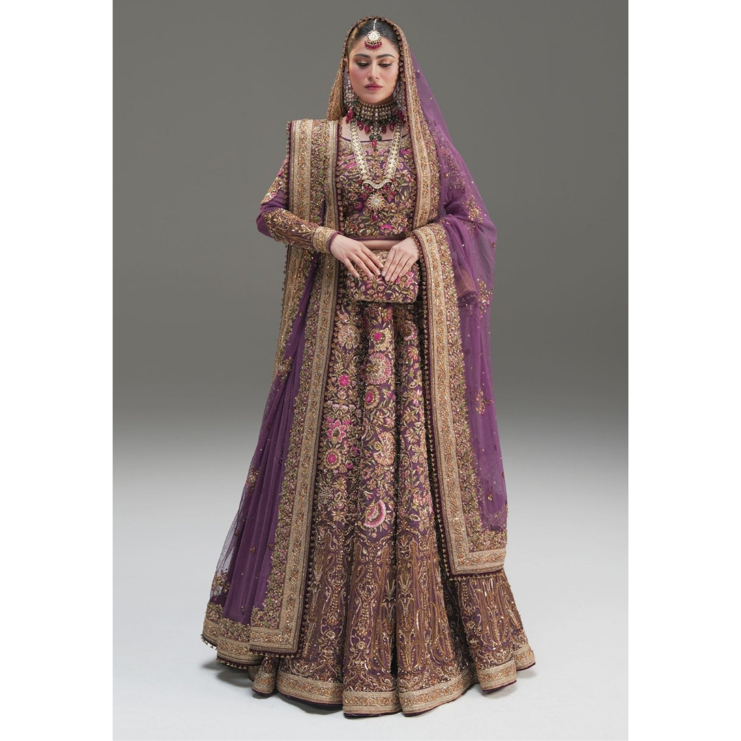 Mirbail wine net lehenga choli by Fahad Hussayn at Fatimaa Store