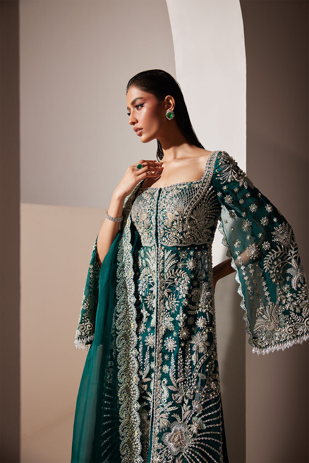 Luxe emerald organza gown by Soraya - front view