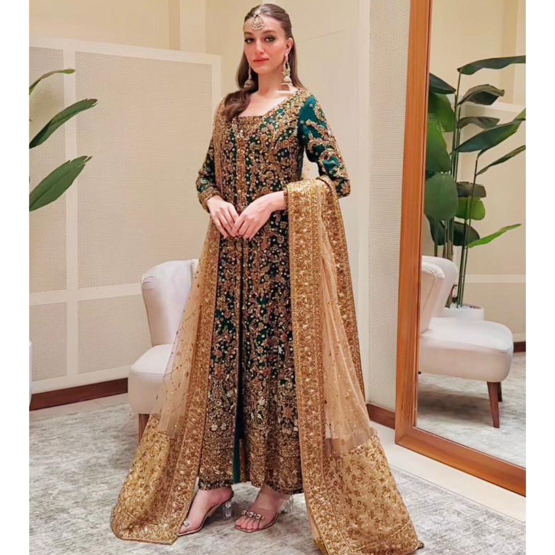 Dark Emerald tussle silk gown by Haris Shakeel at Fatimaa Store