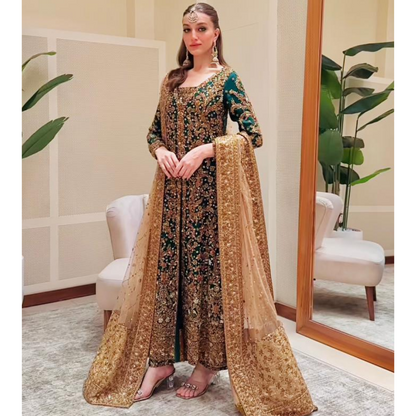 Dark Emerald tussle silk gown by Haris Shakeel at Fatimaa Store
