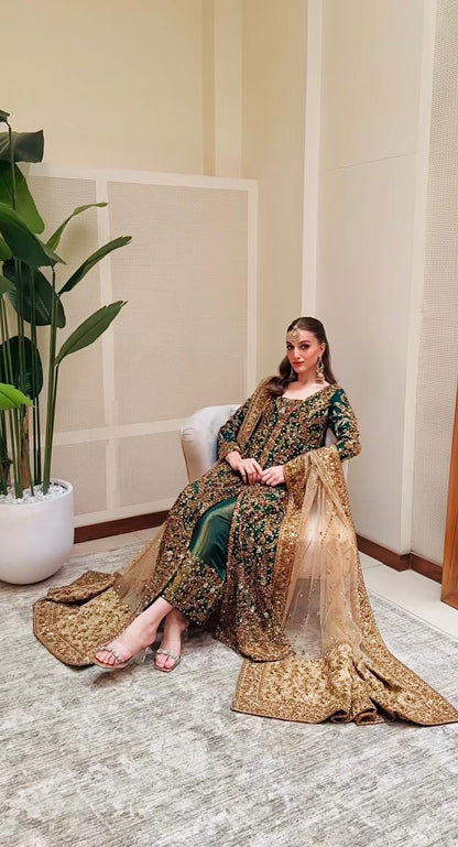 Dark Emerald tussle silk gown by Haris Shakeel - front view