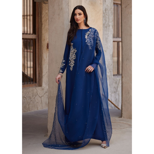 Huda navy blue raw silk suit by Kanwal Malik at Fatimaa Store