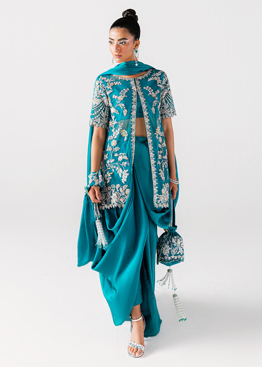 Zamrud Ayin turquoise green net gown by Sara Rohale Asghar - additional view 3