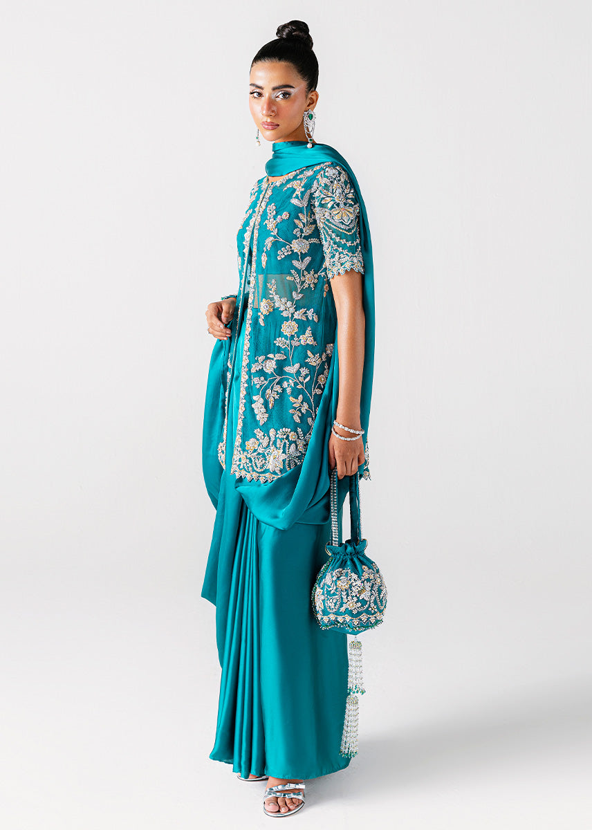 Zamrud Ayin turquoise green net gown by Sara Rohale Asghar - additional view 2