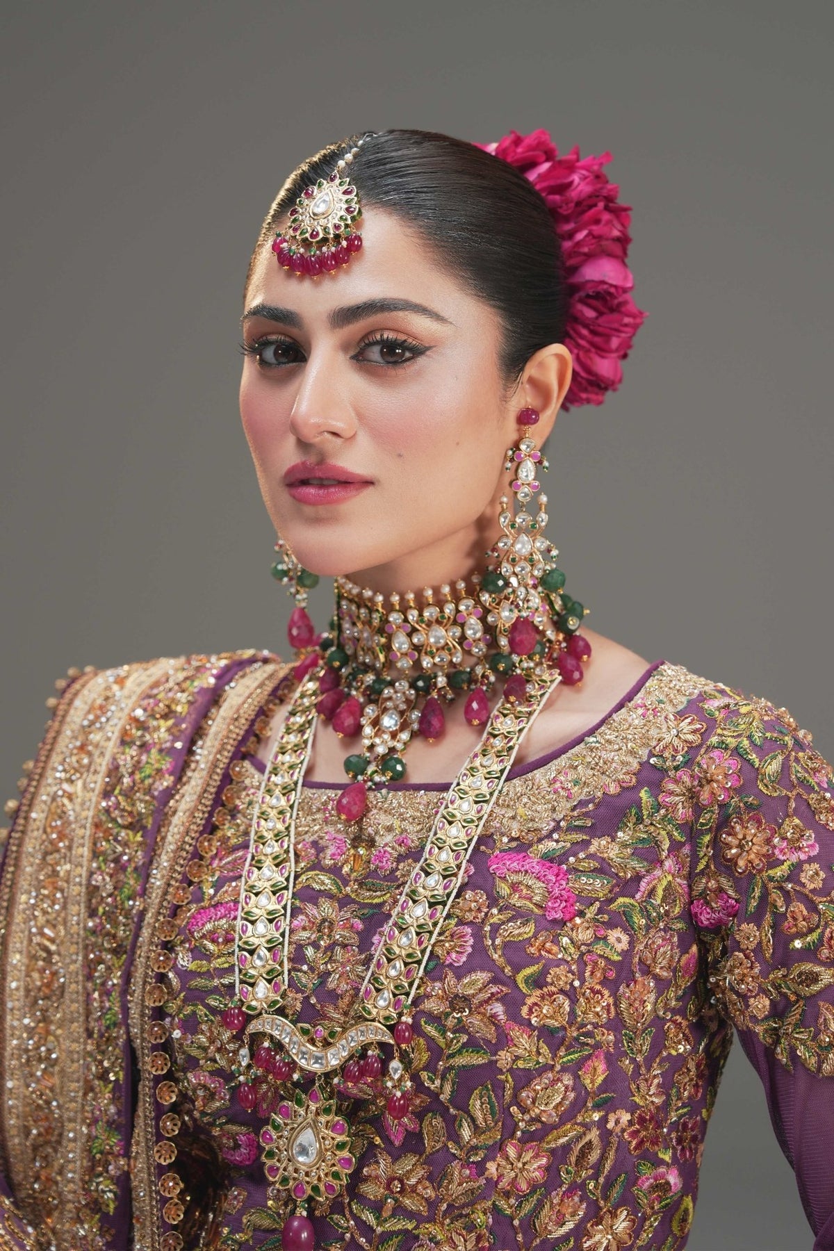 Mirbail wine net lehenga choli by Fahad Hussayn - front view