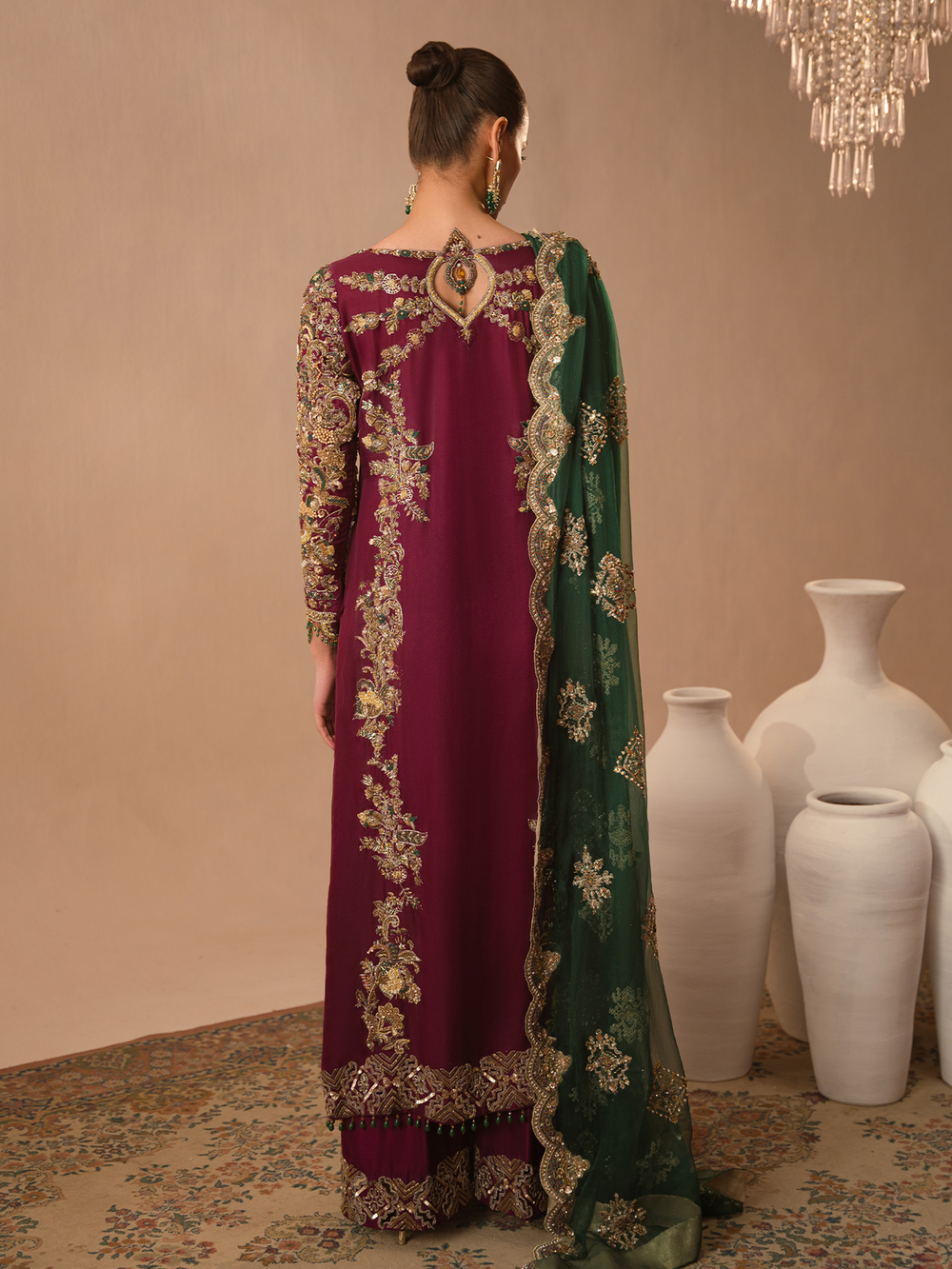 Abeera Usman Burgundy Dusk tussle silk suit - detail view