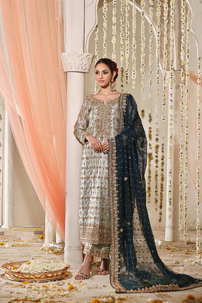 Mahnoor gold tissue dabka suit - front view